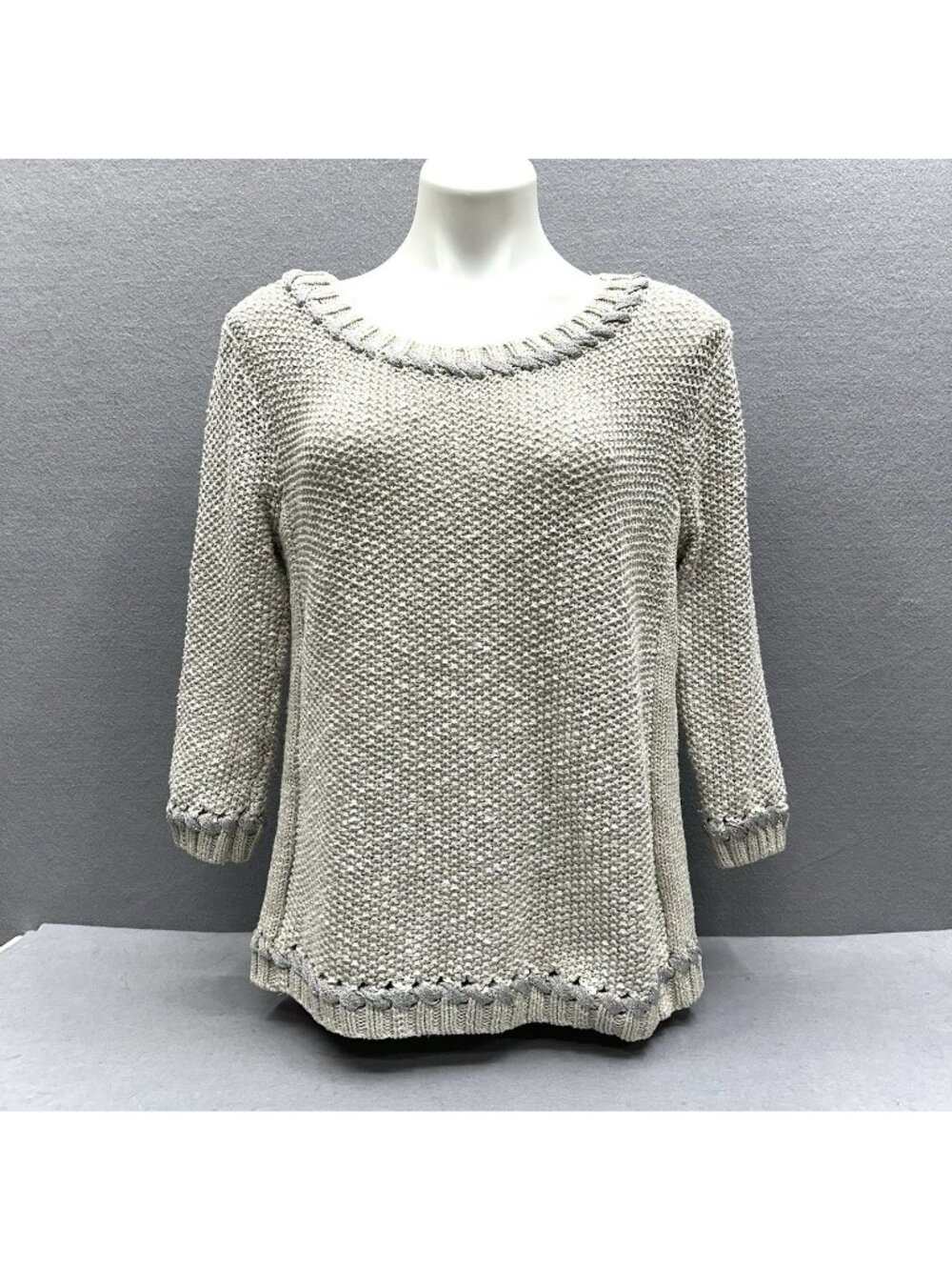 Mango Open Knit Sweater Women's L Beige 3/4 Sleeve Silver Decorative Boat Collar